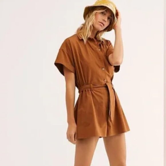 Ava & Viv Linen Brown Short Sleeve Jumpsuit 3X Belted Button Front Romper - Picture 1 of 5